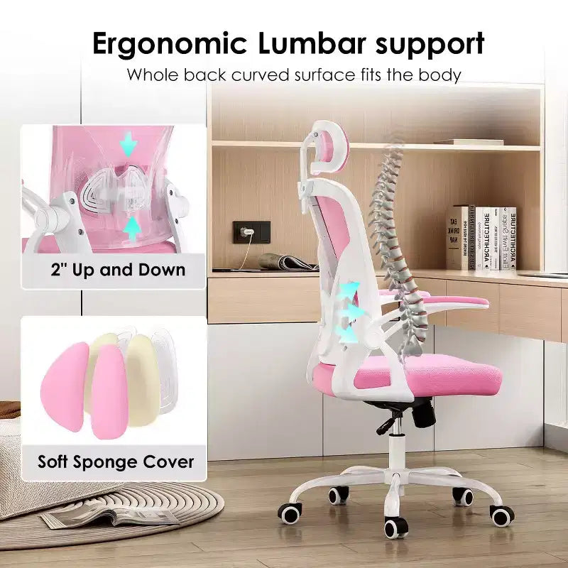 Okak Desk Chair with Wheels, Office Chair with Flip-Up Arms, Adjustable Headrest&Lumbar Support for Office, Study, Reading Room