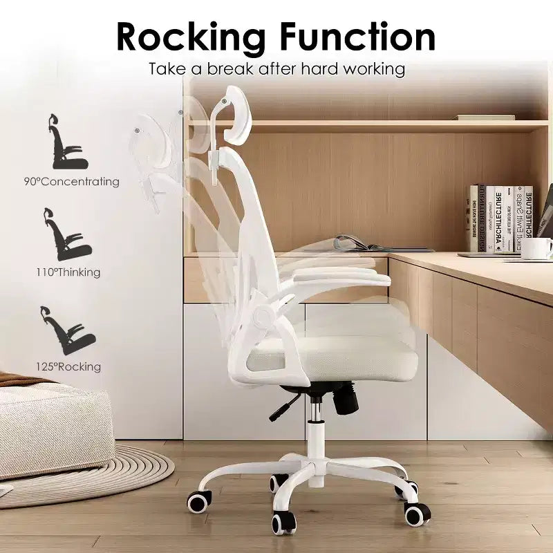 Okak Desk Chair with Wheels, Office Chair with Flip-Up Arms, Adjustable Headrest&Lumbar Support for Office, Study, Reading Room