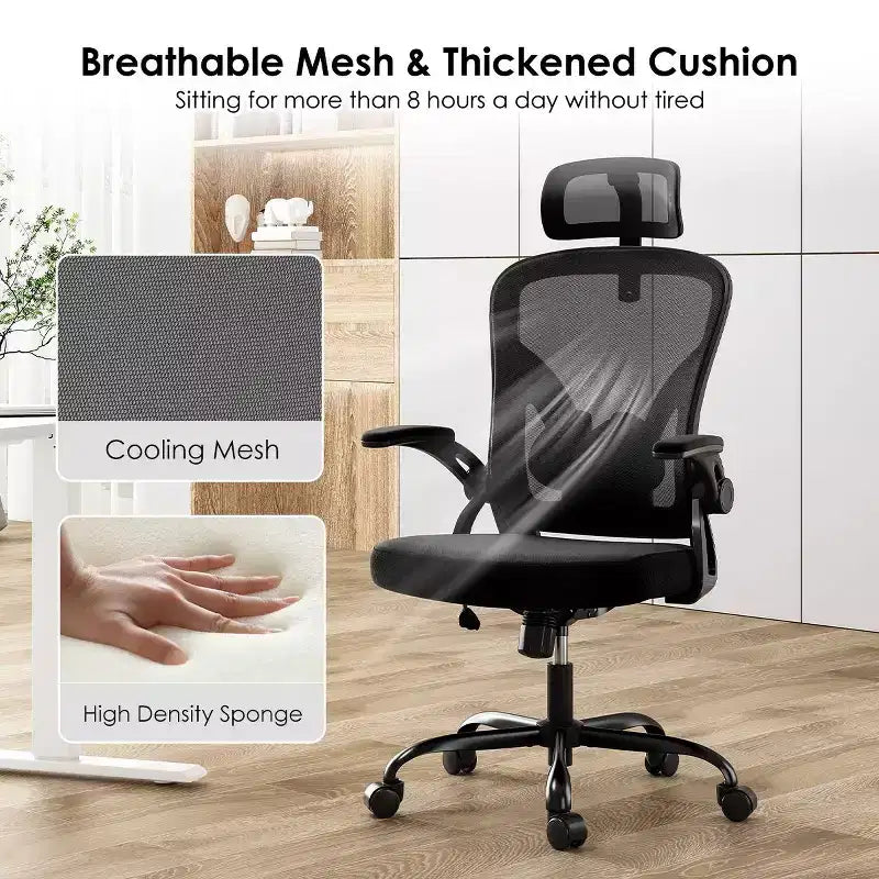 Okak Desk Chair with Wheels, Office Chair with Flip-Up Arms, Adjustable Headrest&Lumbar Support for Office, Study, Reading Room