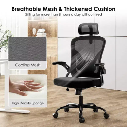 Okak Desk Chair with Wheels, Office Chair with Flip-Up Arms, Adjustable Headrest&Lumbar Support for Office, Study, Reading Room