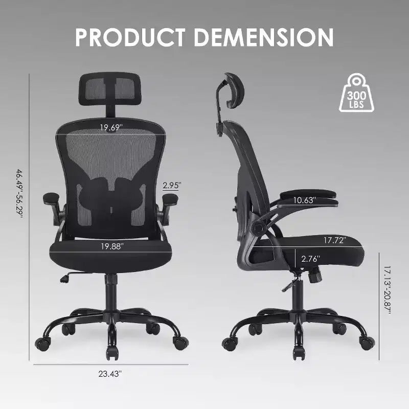 Okak Desk Chair with Wheels, Office Chair with Flip-Up Arms, Adjustable Headrest&Lumbar Support for Office, Study, Reading Room