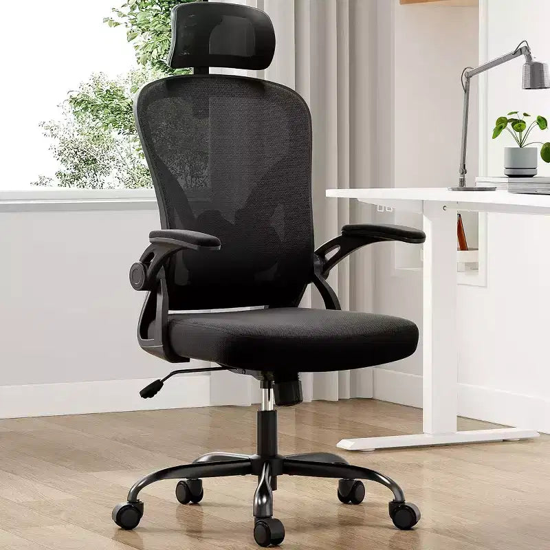 Okak Desk Chair with Wheels, Office Chair with Flip-Up Arms, Adjustable Headrest&Lumbar Support for Office, Study, Reading Room