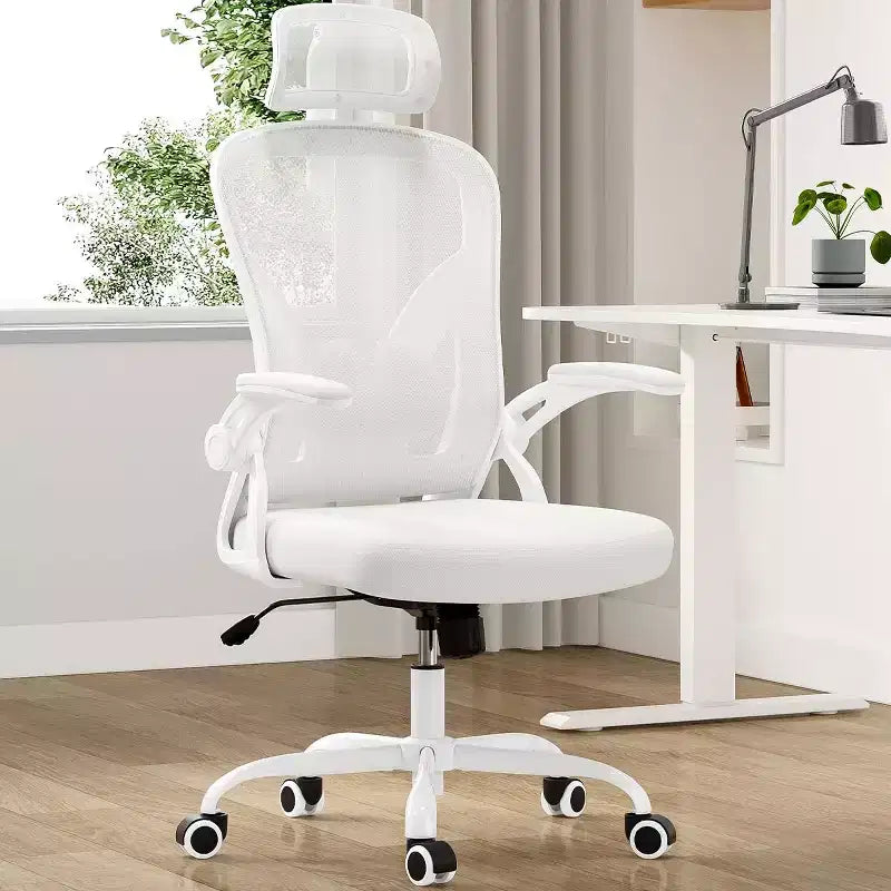 Okak Desk Chair with Wheels, Office Chair with Flip-Up Arms, Adjustable Headrest&Lumbar Support for Office, Study, Reading Room