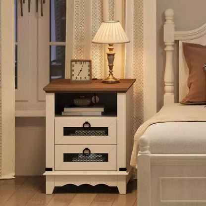 Farmhouse Nightstand with Charging Station, Rustic End Table with Drawers and Open Storage Shelf, Bedside Table for Bedroom, Living Room, Brown+White