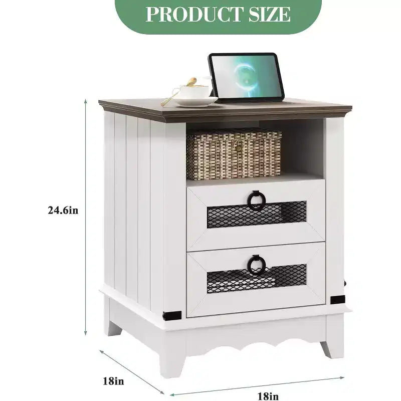 Farmhouse Nightstand with Charging Station, Rustic End Table with Drawers and Open Storage Shelf, Bedside Table for Bedroom, Living Room, Brown+White