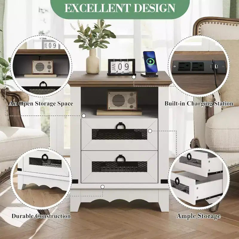 Farmhouse Nightstand with Charging Station, Rustic End Table with Drawers and Open Storage Shelf, Bedside Table for Bedroom, Living Room, Brown+White