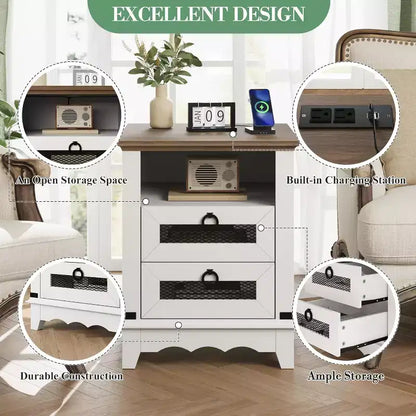 Farmhouse Nightstand with Charging Station, Rustic End Table with Drawers and Open Storage Shelf, Bedside Table for Bedroom, Living Room, Brown+White
