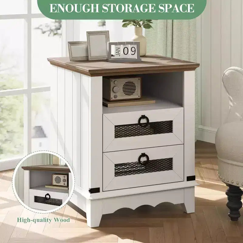 Farmhouse Nightstand with Charging Station, Rustic End Table with Drawers and Open Storage Shelf, Bedside Table for Bedroom, Living Room, Brown+White