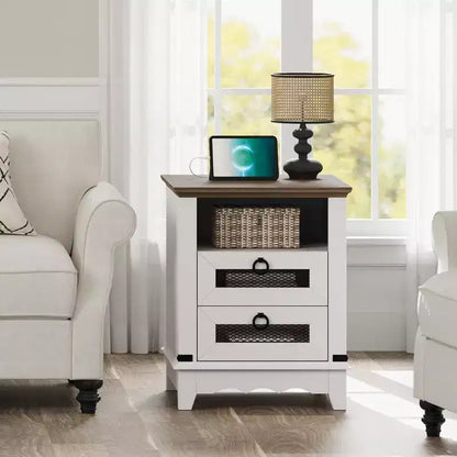 Farmhouse Nightstand with Charging Station, Rustic End Table with Drawers and Open Storage Shelf, Bedside Table for Bedroom, Living Room, Brown+White