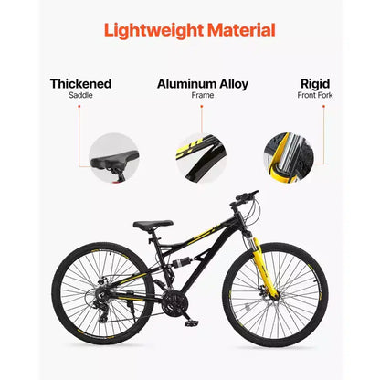 VEVOR Vélo VTT 29 pouces, Suspension Intégrale Double, Dérailleur 24 Vitesses, Freins à Disque Double, Cadre en Alliage d'Aluminium, Noir et Jaune