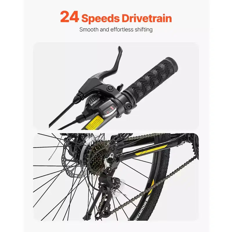 VEVOR Vélo VTT 29 pouces, Suspension Intégrale Double, Dérailleur 24 Vitesses, Freins à Disque Double, Cadre en Alliage d'Aluminium, Noir et Jaune
