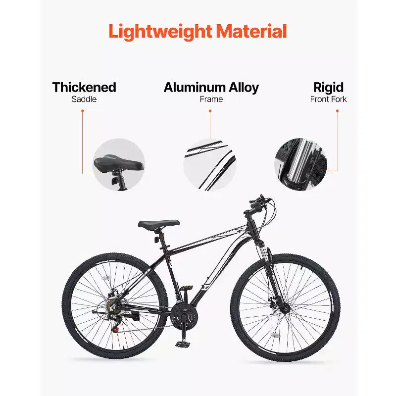 VTT VEVOR, Vélo Tout-Terrain 29 Pouces avec Suspension Avant, Dérailleur SHIMANO 21 Vitesses, Freins à Disque Doubles, Cadre en Alliage d'Aluminium, Noir
