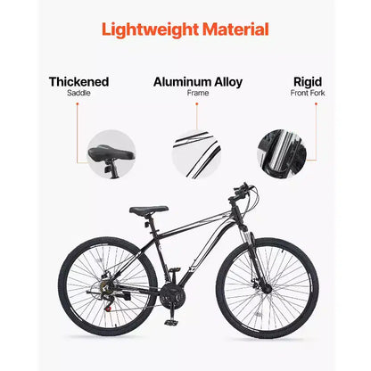 VTT VEVOR, Vélo Tout-Terrain 29 Pouces avec Suspension Avant, Dérailleur SHIMANO 21 Vitesses, Freins à Disque Doubles, Cadre en Alliage d'Aluminium, Noir