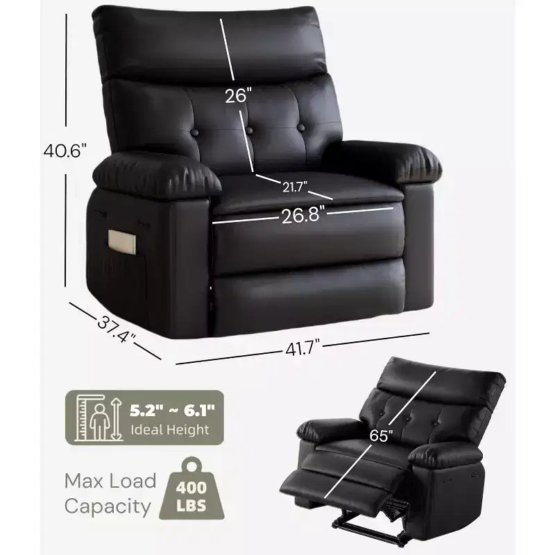 PU Leather Manual Recliner, 360 Degree Rotating Adult Rocking Chair with Side Pockets, Modern Single Sofa Recliner, Beige