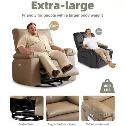 PU Leather Manual Recliner, 360 Degree Rotating Adult Rocking Chair with Side Pockets, Modern Single Sofa Recliner, Beige