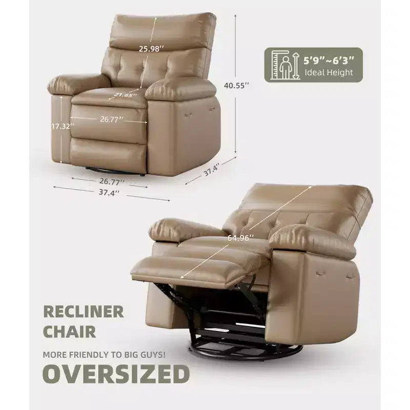 PU Leather Manual Recliner, 360 Degree Rotating Adult Rocking Chair with Side Pockets, Modern Single Sofa Recliner, Beige