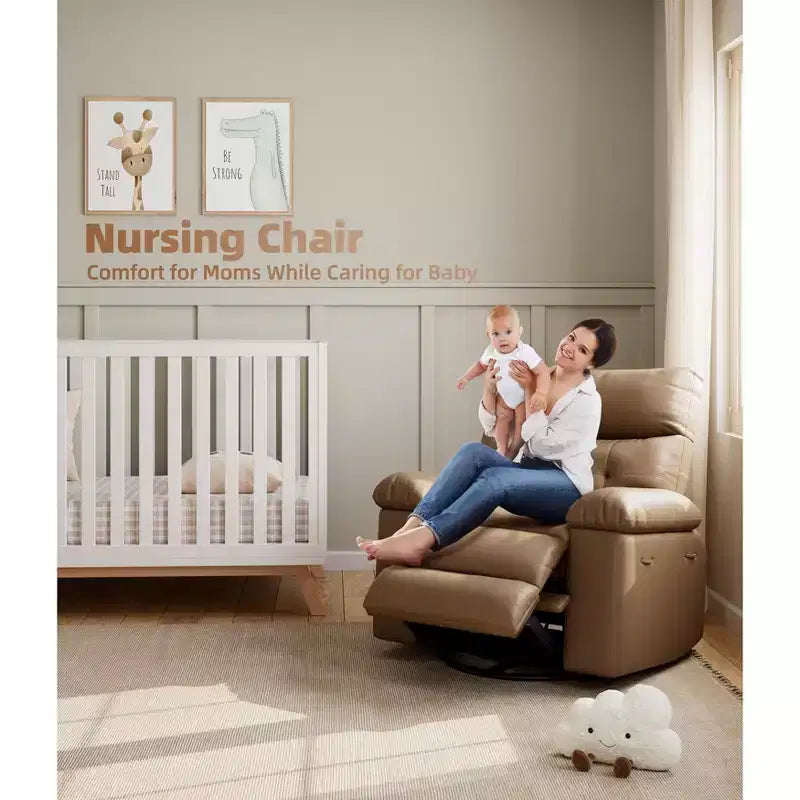 PU Leather Manual Recliner, 360 Degree Rotating Adult Rocking Chair with Side Pockets, Modern Single Sofa Recliner, Beige