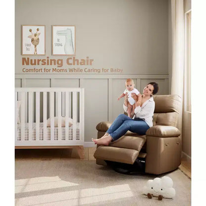 PU Leather Manual Recliner, 360 Degree Rotating Adult Rocking Chair with Side Pockets, Modern Single Sofa Recliner, Beige