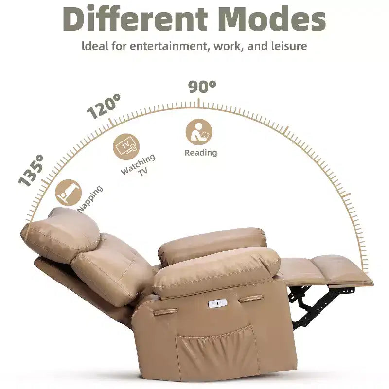 PU Leather Manual Recliner, 360 Degree Rotating Adult Rocking Chair with Side Pockets, Modern Single Sofa Recliner, Beige