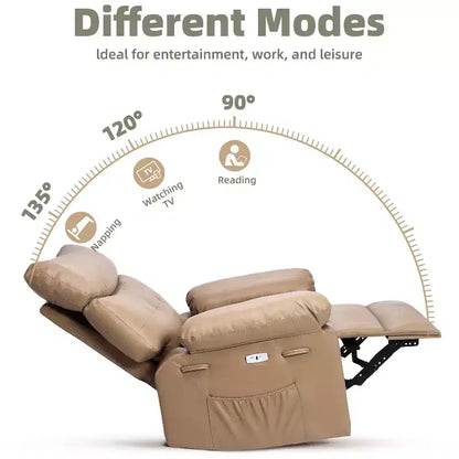 PU Leather Manual Recliner, 360 Degree Rotating Adult Rocking Chair with Side Pockets, Modern Single Sofa Recliner, Beige