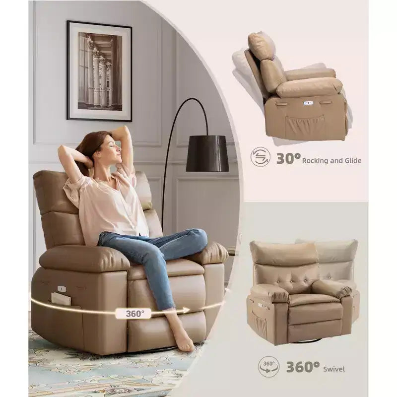 PU Leather Manual Recliner, 360 Degree Rotating Adult Rocking Chair with Side Pockets, Modern Single Sofa Recliner, Beige