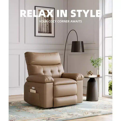 PU Leather Manual Recliner, 360 Degree Rotating Adult Rocking Chair with Side Pockets, Modern Single Sofa Recliner, Beige