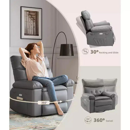 PU Leather Manual Recliner, 360 Degree Rotating Adult Rocking Chair with Side Pockets, Modern Single Sofa Recliner, Beige