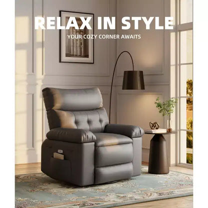 PU Leather Manual Recliner, 360 Degree Rotating Adult Rocking Chair with Side Pockets, Modern Single Sofa Recliner, Beige
