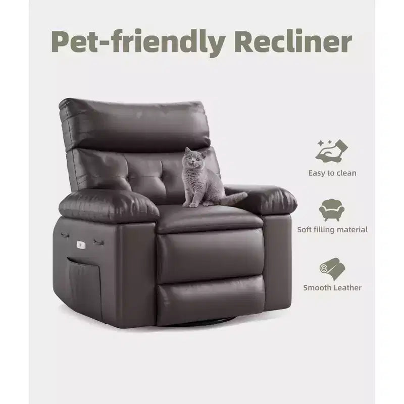 PU Leather Manual Recliner, 360 Degree Rotating Adult Rocking Chair with Side Pockets, Modern Single Sofa Recliner, Beige