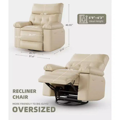 PU Leather Manual Recliner, 360 Degree Rotating Adult Rocking Chair with Side Pockets, Modern Single Sofa Recliner, Beige