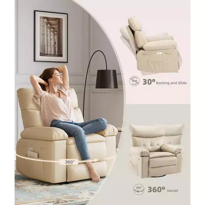 PU Leather Manual Recliner, 360 Degree Rotating Adult Rocking Chair with Side Pockets, Modern Single Sofa Recliner, Beige