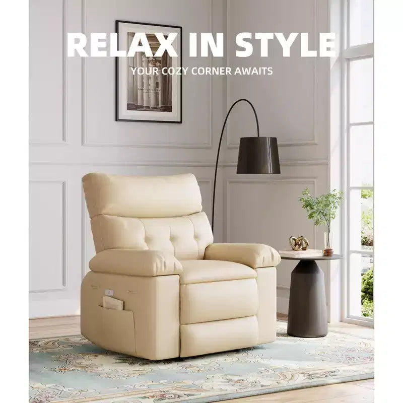 PU Leather Manual Recliner, 360 Degree Rotating Adult Rocking Chair with Side Pockets, Modern Single Sofa Recliner, Beige