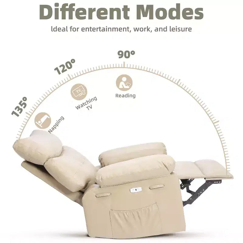 PU Leather Manual Recliner, 360 Degree Rotating Adult Rocking Chair with Side Pockets, Modern Single Sofa Recliner, Beige