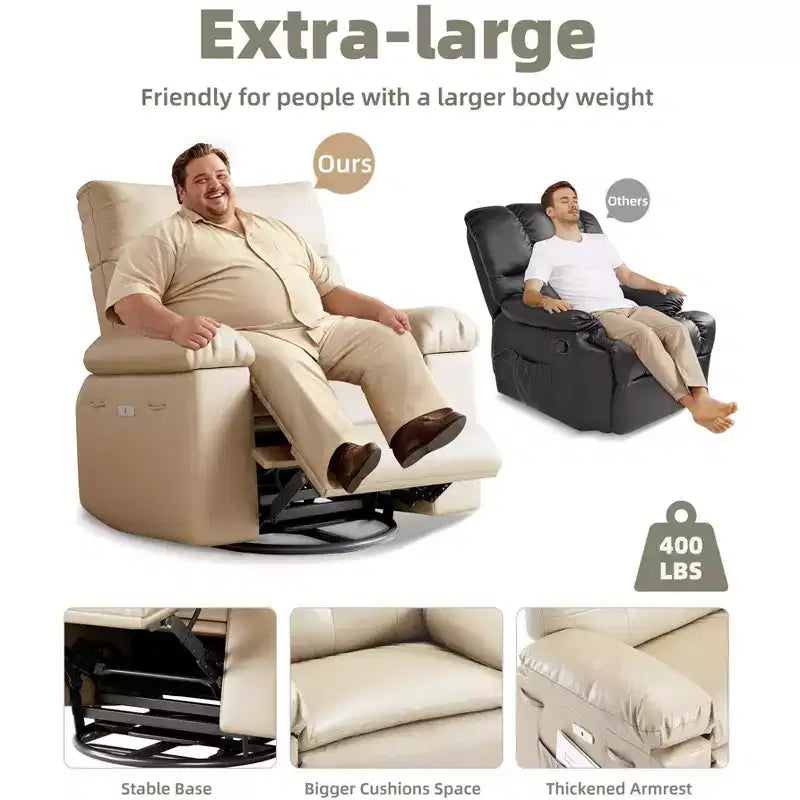 PU Leather Manual Recliner, 360 Degree Rotating Adult Rocking Chair with Side Pockets, Modern Single Sofa Recliner, Beige