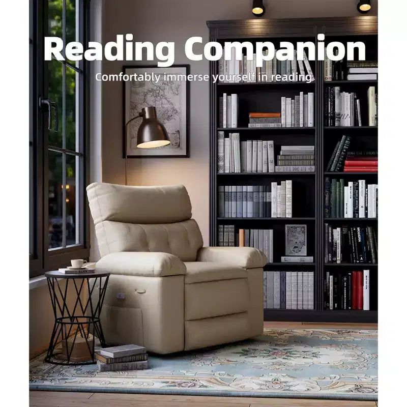 PU Leather Manual Recliner, 360 Degree Rotating Adult Rocking Chair with Side Pockets, Modern Single Sofa Recliner, Beige