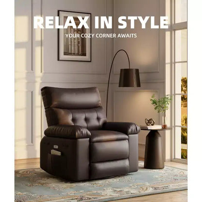 PU Leather Manual Recliner, 360 Degree Rotating Adult Rocking Chair with Side Pockets, Modern Single Sofa Recliner, Beige