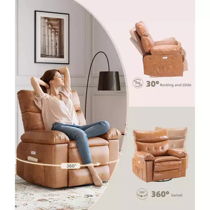 PU Leather Manual Recliner, 360 Degree Rotating Adult Rocking Chair with Side Pockets, Modern Single Sofa Recliner, Beige