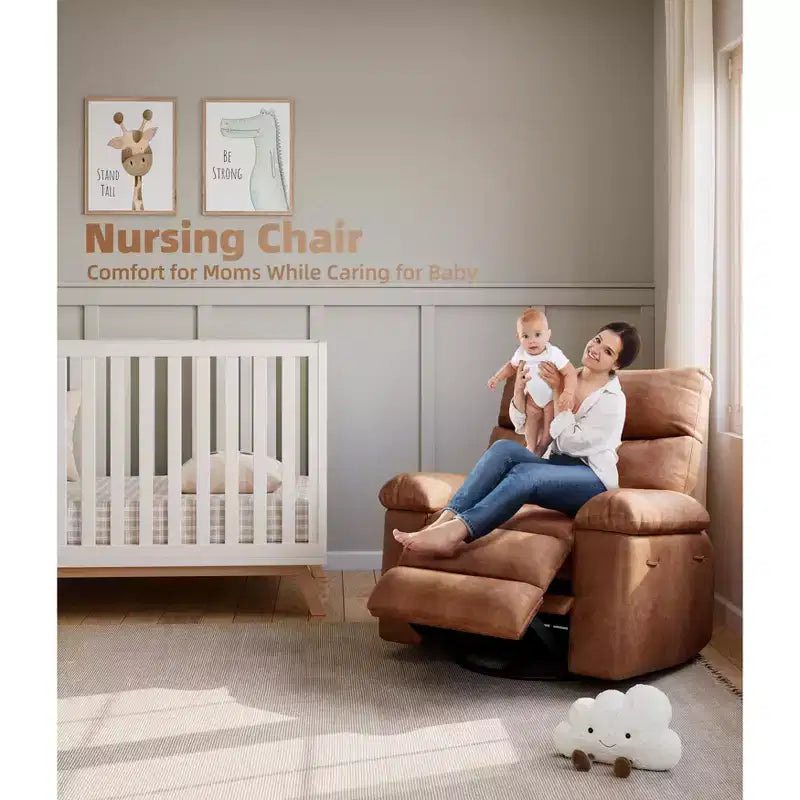 PU Leather Manual Recliner, 360 Degree Rotating Adult Rocking Chair with Side Pockets, Modern Single Sofa Recliner, Beige