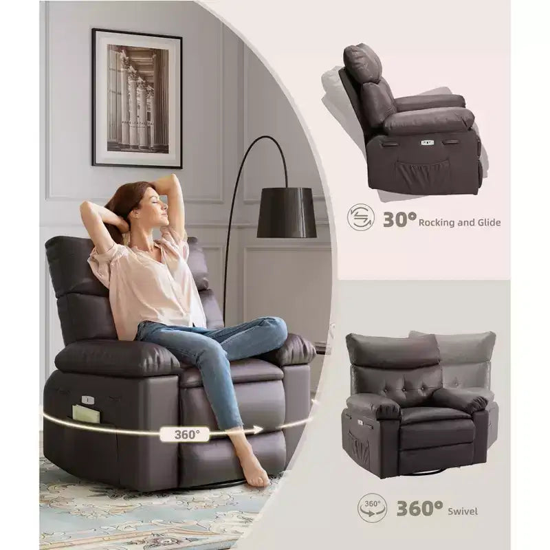 PU Leather Manual Recliner, 360 Degree Rotating Adult Rocking Chair with Side Pockets, Modern Single Sofa Recliner, Beige