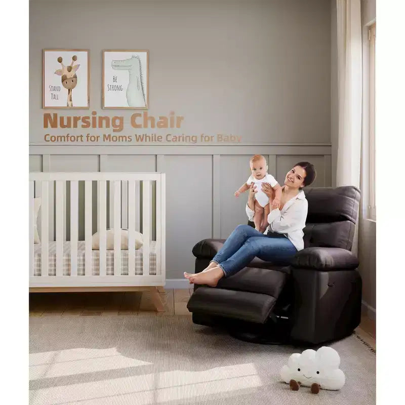 PU Leather Manual Recliner, 360 Degree Rotating Adult Rocking Chair with Side Pockets, Modern Single Sofa Recliner, Beige