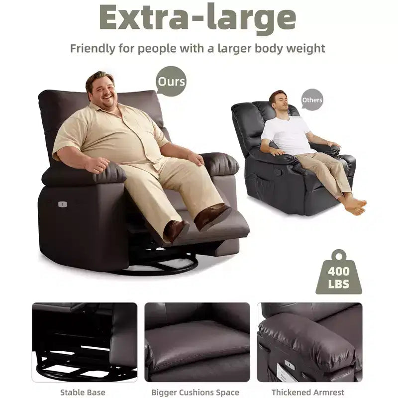 PU Leather Manual Recliner, 360 Degree Rotating Adult Rocking Chair with Side Pockets, Modern Single Sofa Recliner, Beige