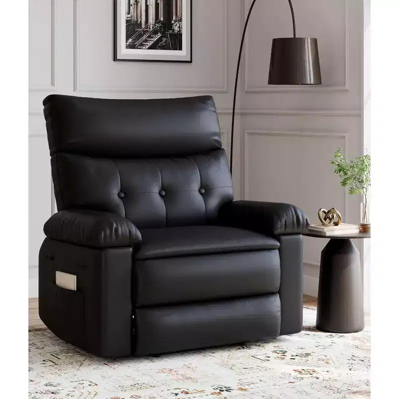 PU Leather Manual Recliner, 360 Degree Rotating Adult Rocking Chair with Side Pockets, Modern Single Sofa Recliner, Beige