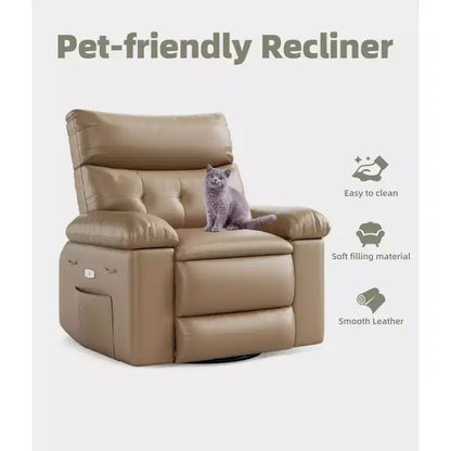 PU Leather Manual Recliner, 360 Degree Rotating Adult Rocking Chair with Side Pockets, Modern Single Sofa Recliner, Beige