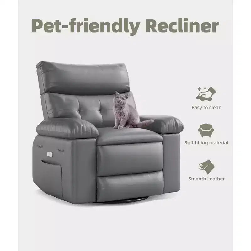 PU Leather Manual Recliner, 360 Degree Rotating Adult Rocking Chair with Side Pockets, Modern Single Sofa Recliner, Beige