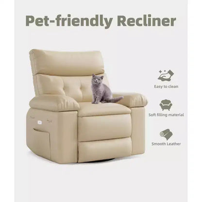 PU Leather Manual Recliner, 360 Degree Rotating Adult Rocking Chair with Side Pockets, Modern Single Sofa Recliner, Beige