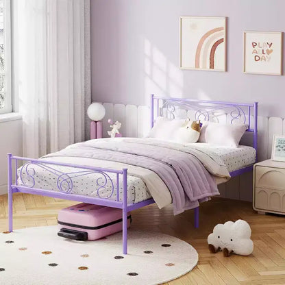 Purple Twin Metal Bed Frame with Headboard, Footboard, 12.2-Inch Storage, Steel Slats, No Box Spring