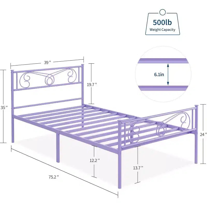 Cadre de lit double en métal violet avec tête de lit, pied de lit, rangement de 31 cm, lattes en acier, sans sommier tapissier