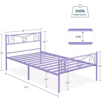 Cadre de lit double en métal violet avec tête de lit, pied de lit, rangement de 31 cm, lattes en acier, sans sommier tapissier