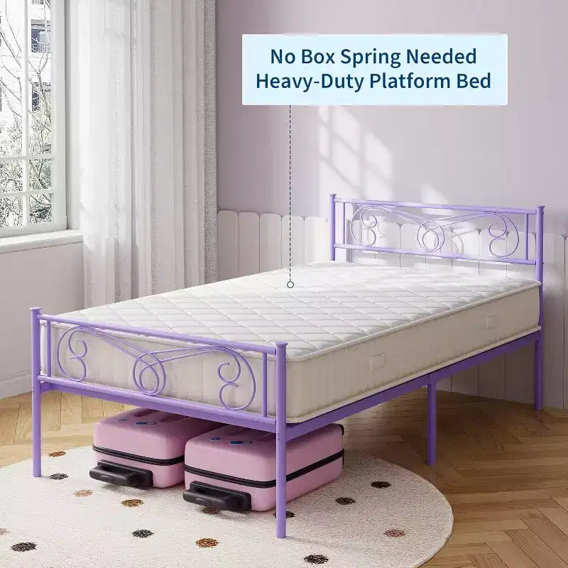Cadre de lit double en métal violet avec tête de lit, pied de lit, rangement de 31 cm, lattes en acier, sans sommier tapissier