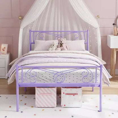 Cadre de lit double en métal violet avec tête de lit, pied de lit, rangement de 31 cm, lattes en acier, sans sommier tapissier